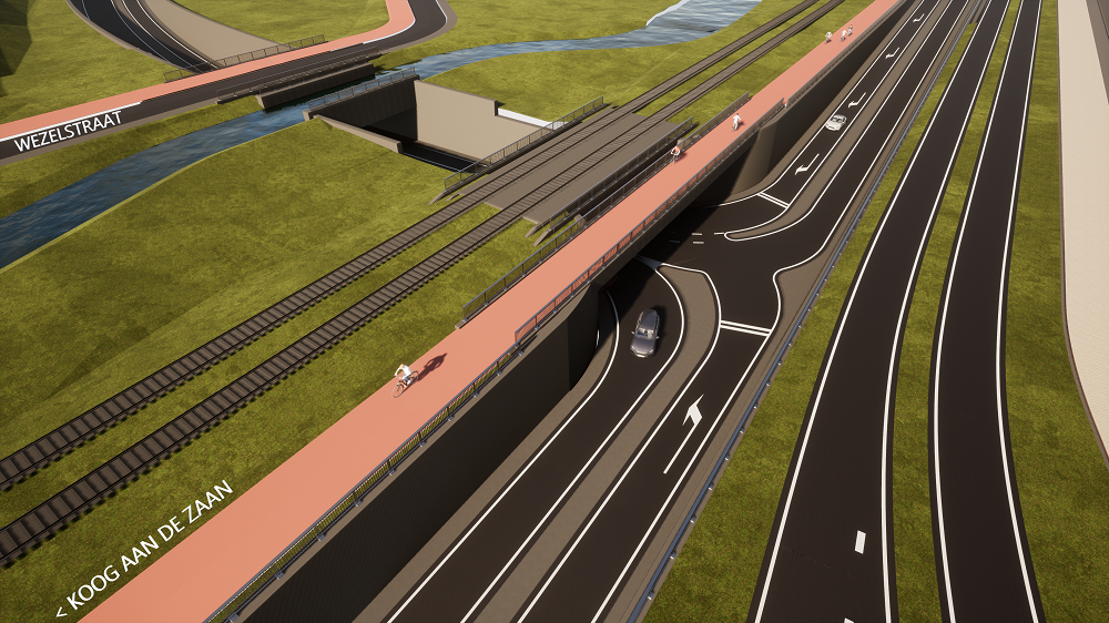 De nieuwe verbindingsweg voor het autoverkeer loopt straks vanaf A8-aansluiting 3 parallel langs de snelweg, onder het spoor door naar de Provincialeweg (vlakbij A8-aansluiting 2 nabij het skatepark)